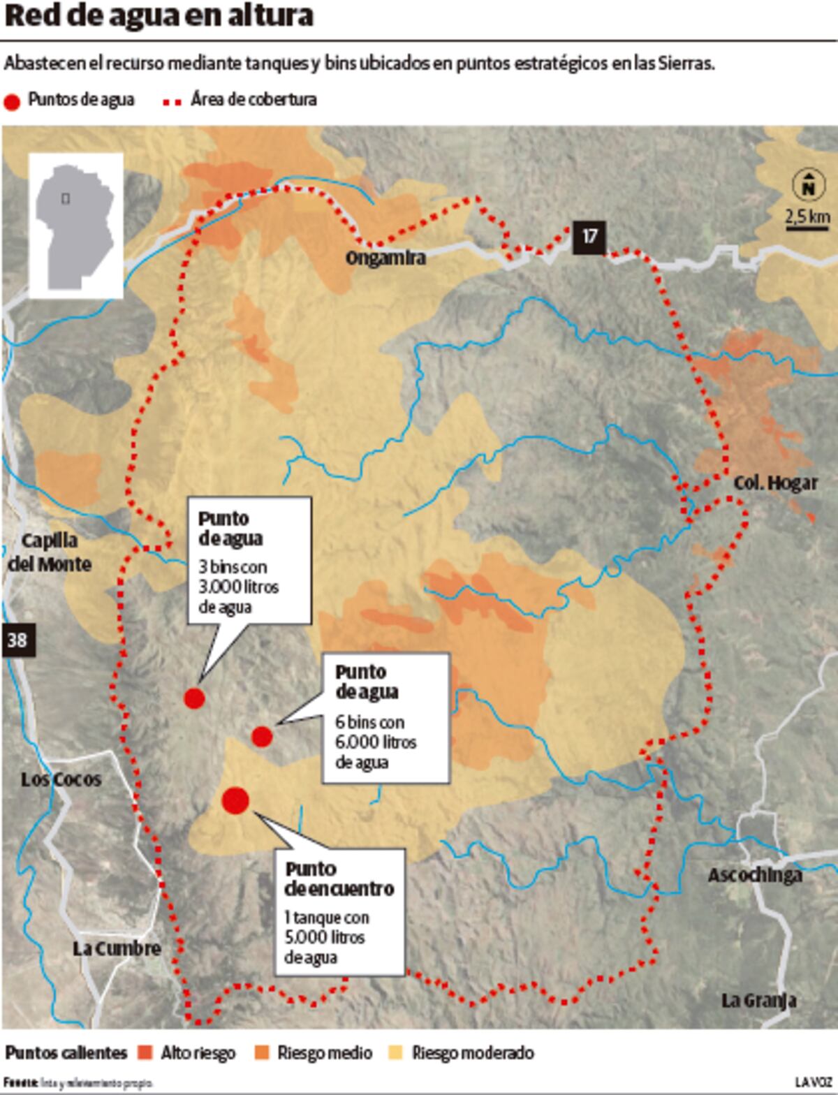 El mapa muestra los puntos de agua y la jurisdicción de los nodos vecinales. (Infogragía La Voz)