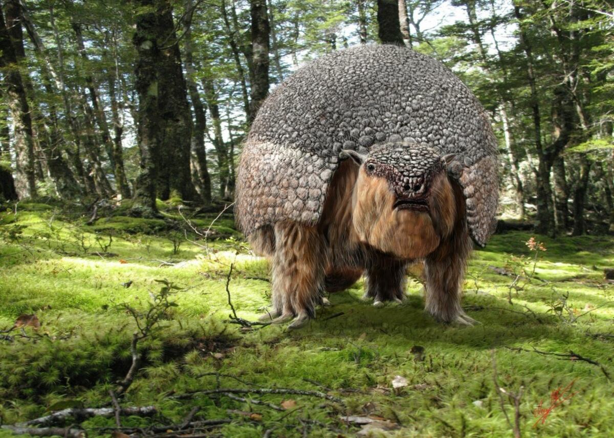 Impresión artística de un gliptodonte en su entorno natural. (Eloy Manzanero)