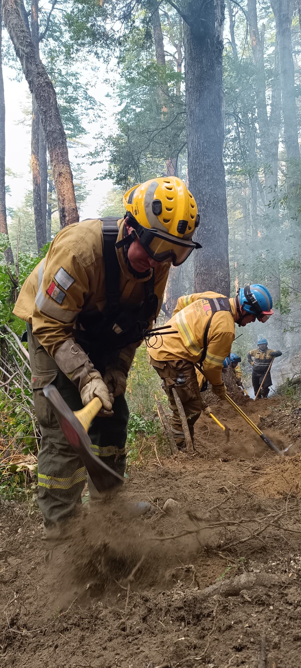 Bomberos cordobeses trabajan en el combate de los incendios en la Patagonia.