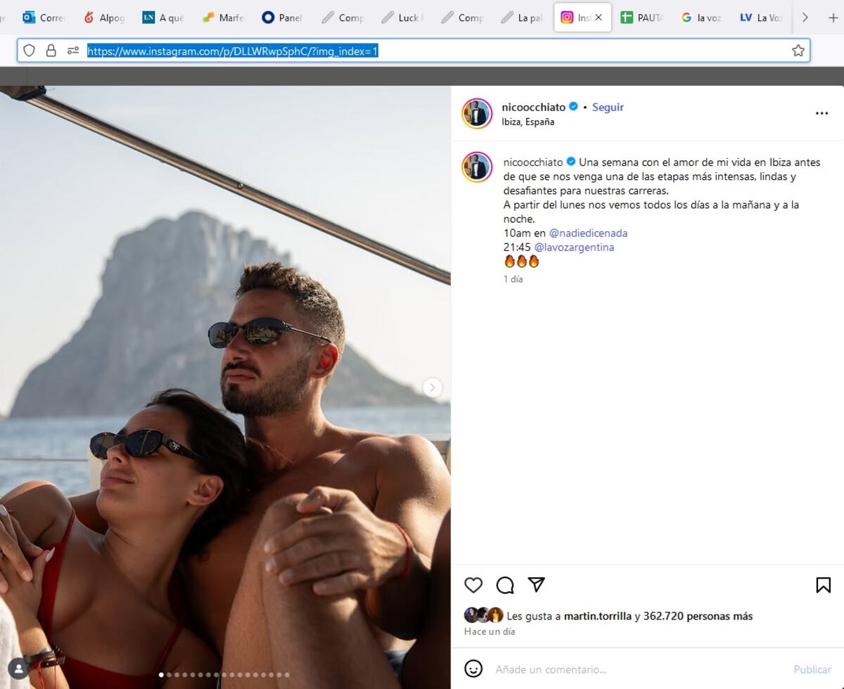 Antes del inicio de "La voz Argentina", Nico Occhiato se tomó unos días de vacaciones con Flor Jazím Peña en Ibiza. (Instagram @nicoocchiato).
