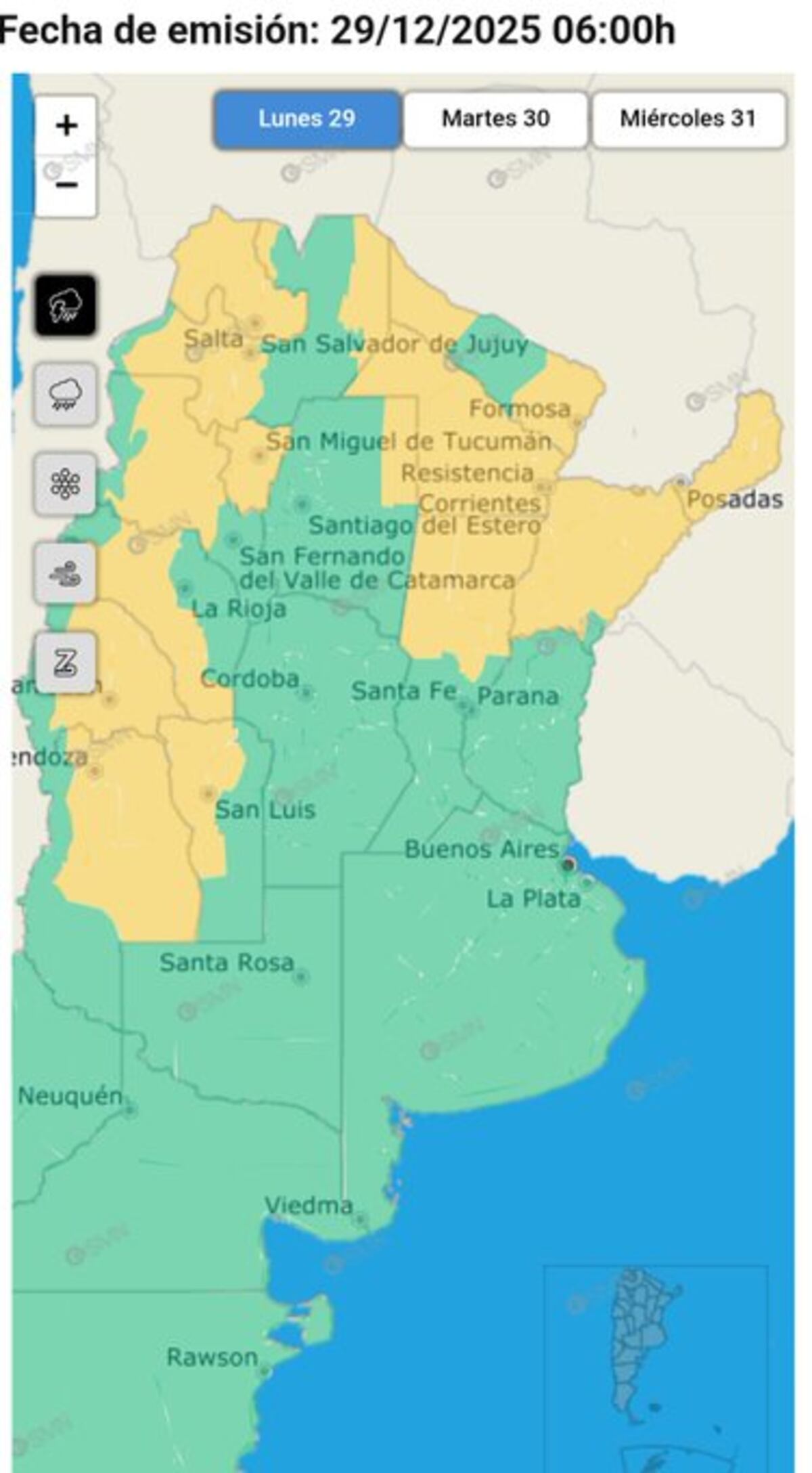 Alerta amarilla por tormentas fuertes para varias regiones del país por parte del SMN este lunes.