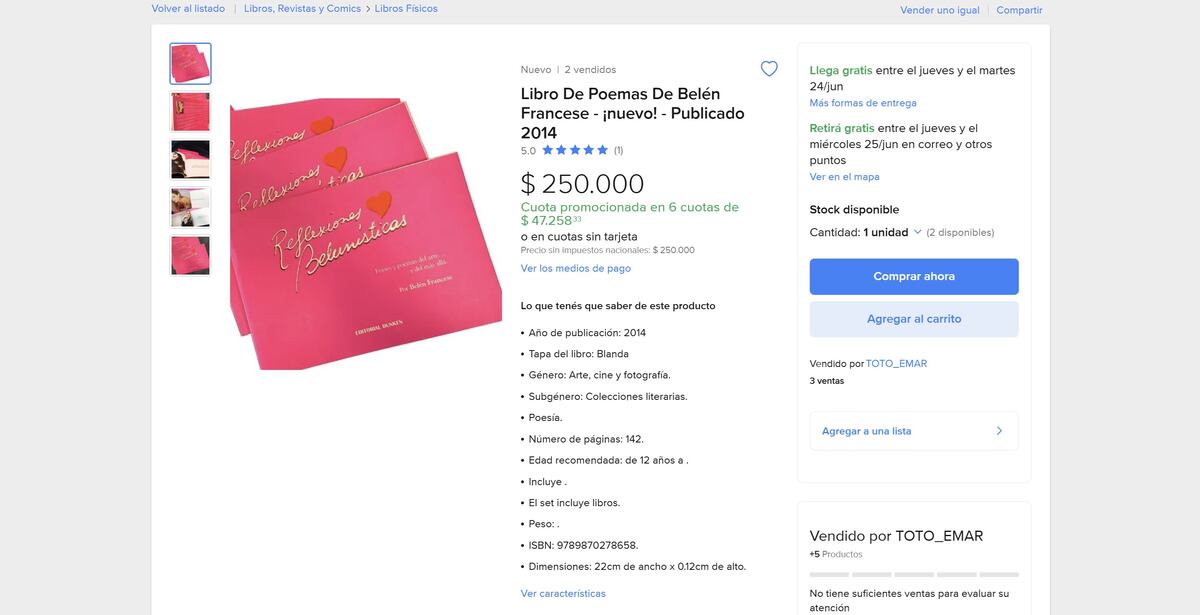 Reflexiones Belunísticas se vende por Mercado Libre a $250 mil (Captura de pantalla)