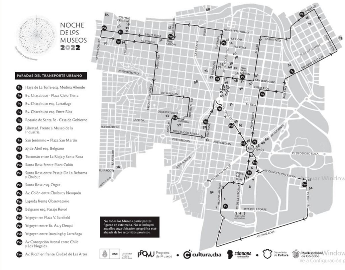 La noche de los museos. Paradas para acceder al transporte urbano gratuito.