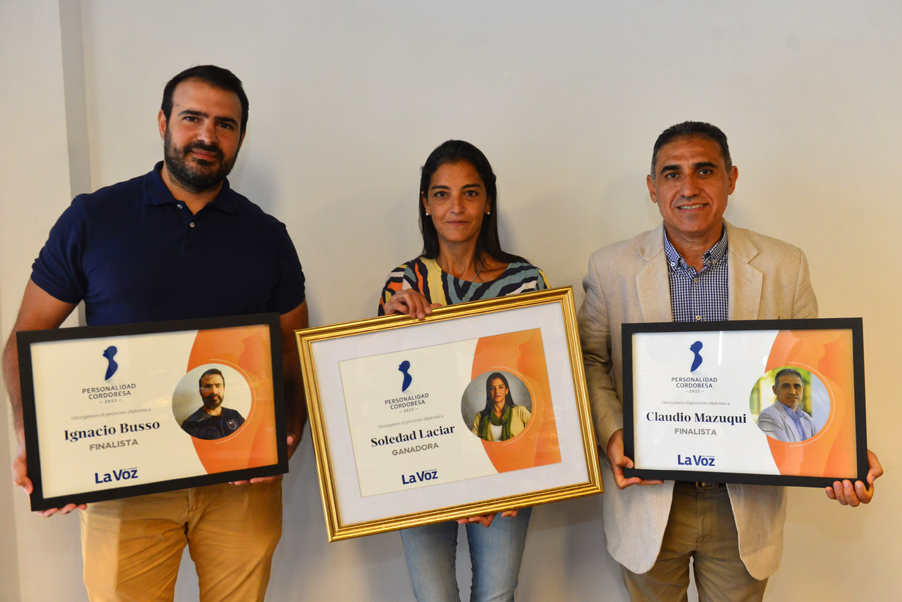 Se entregaron las distinciones a la Personalidad Cordobesa del Año 2022. Soledad Laciar resultó ganadora, y y Claudio Mazuqui e Ignacio Busso, finalistas. (Nicolás Bravo / La Voz)