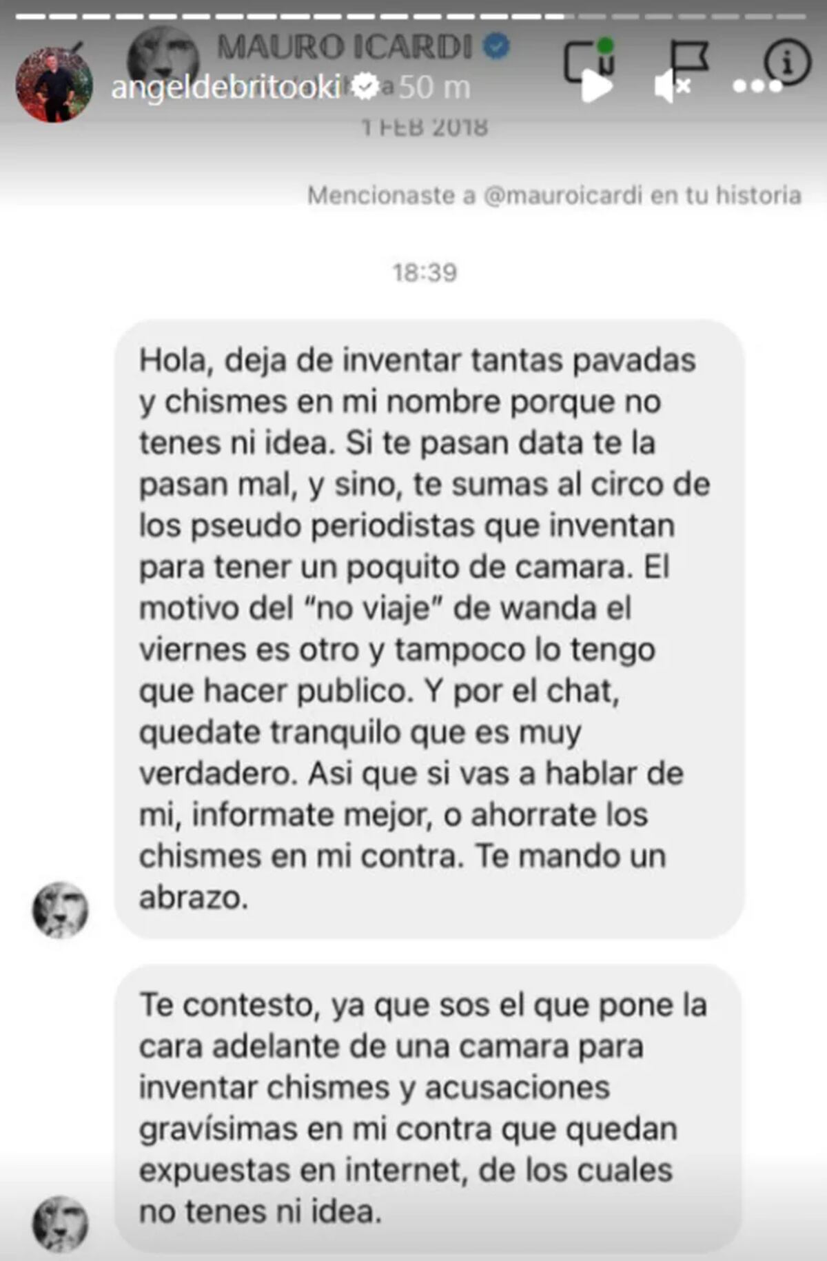 El mensaje que Mauro Icardi le envió a Ángel de Brito.