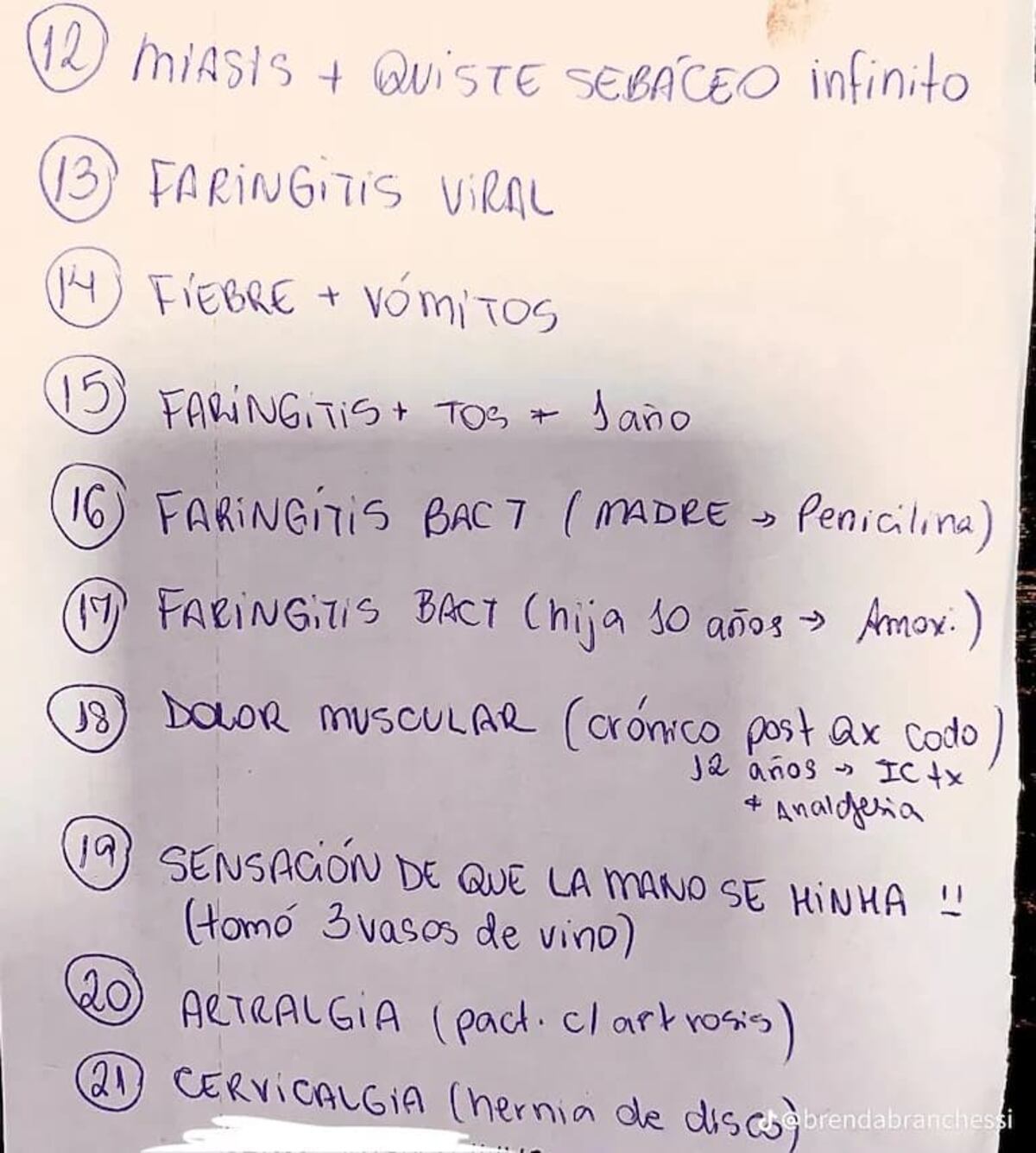 La interminable lista de casos que atendió durante su guardia. (TikTok / @brendabranchessi)