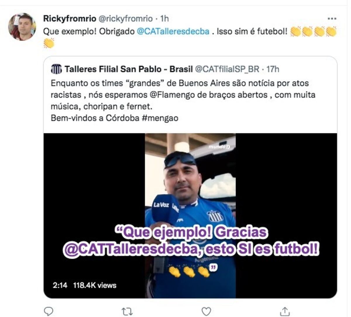 La hinchada de Flamengo elogiando a la de Talleres en redes sociales.