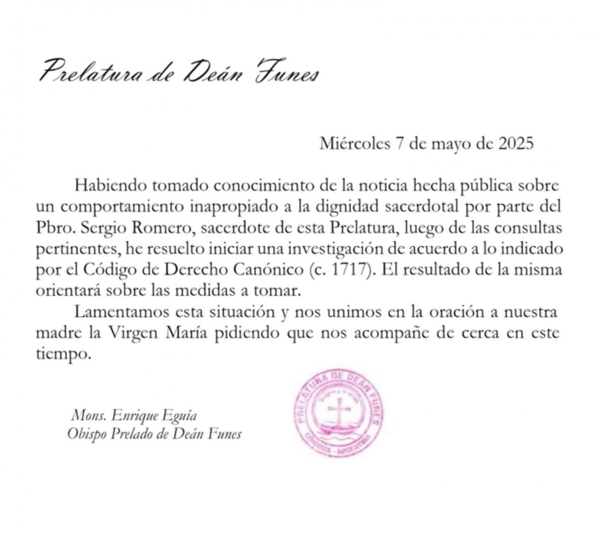Comunicado de la Prelatura de Deán Funes.