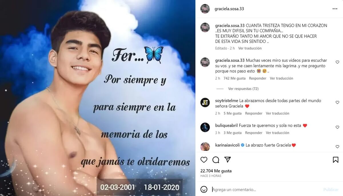 La mamá de Fernando Báez Sosa escribió un emotivo comentario en su Instagram