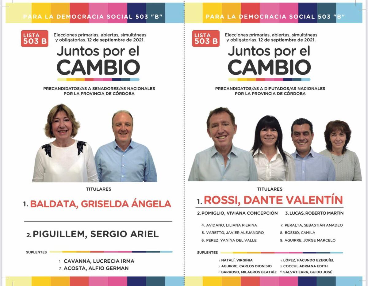 Boleta de Juntos por el Cambio (Para la democracia social) de Dante Rossi y Griselda Baldatta en las Paso 2021