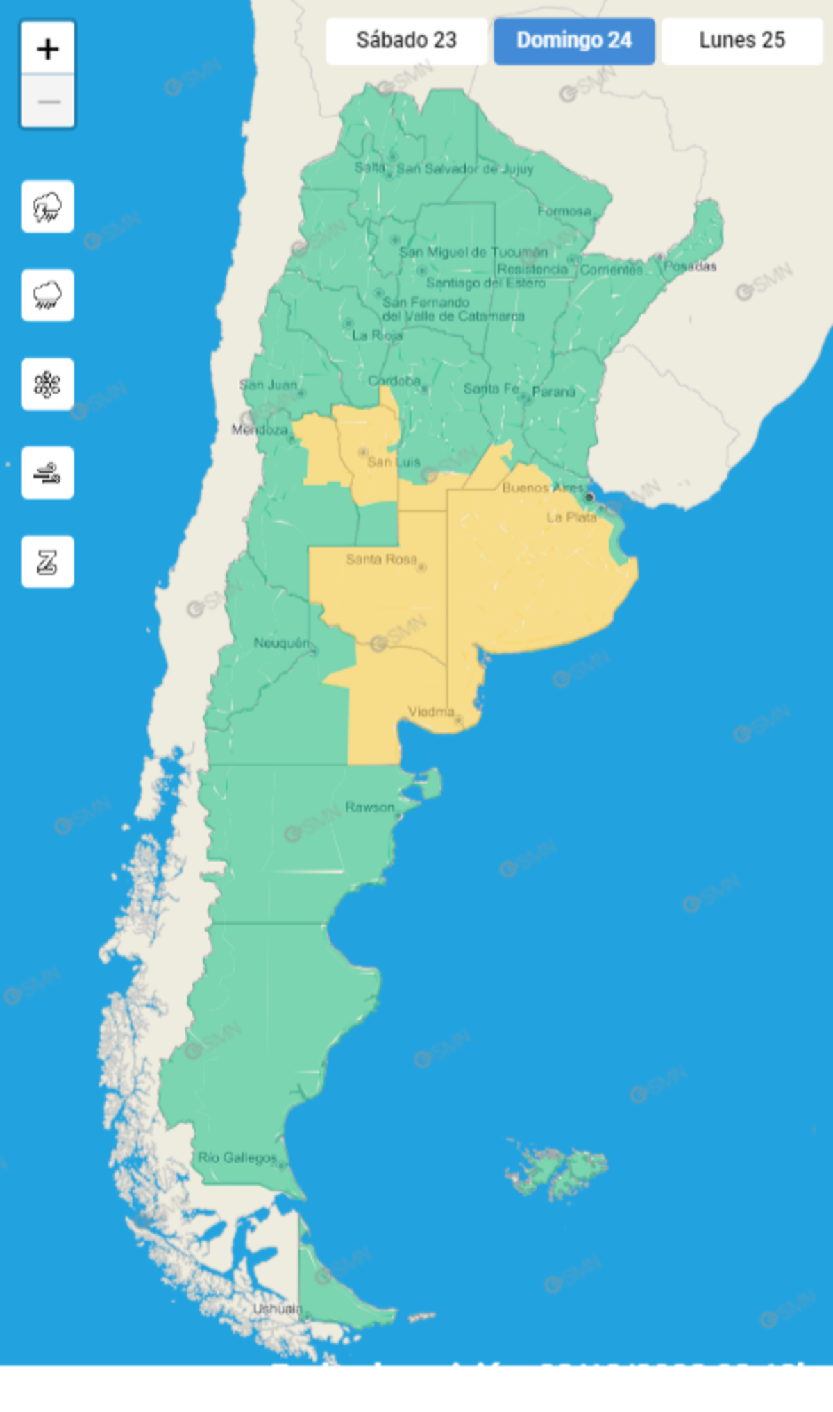 Alertas. Para el sábado 23 y domingo 24 en el sur de Córdoba y otras provincias argentinas (SMN).