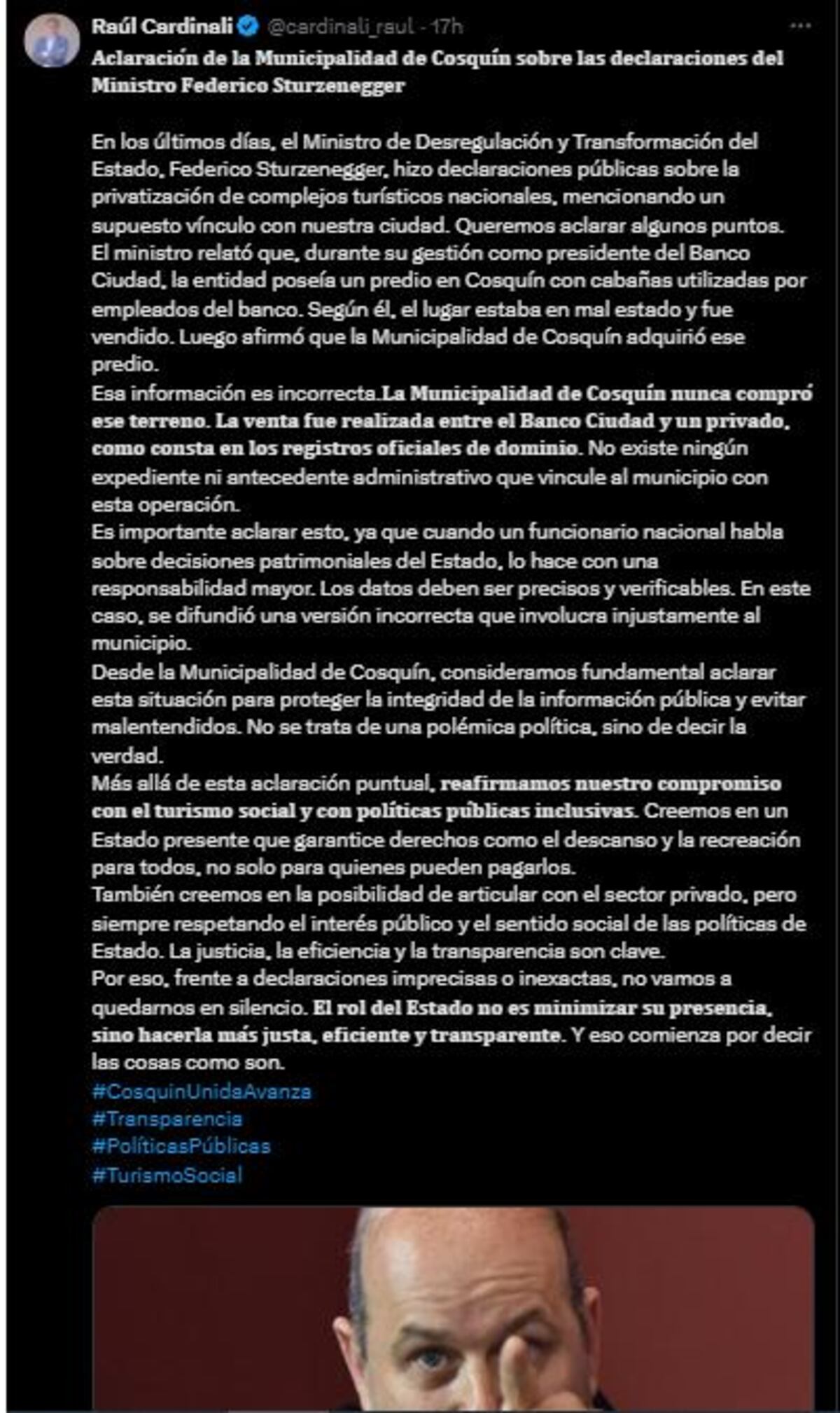 El posteo del intendente de Cosquín, Raúl Cardinali. (@cardinali_raul)
