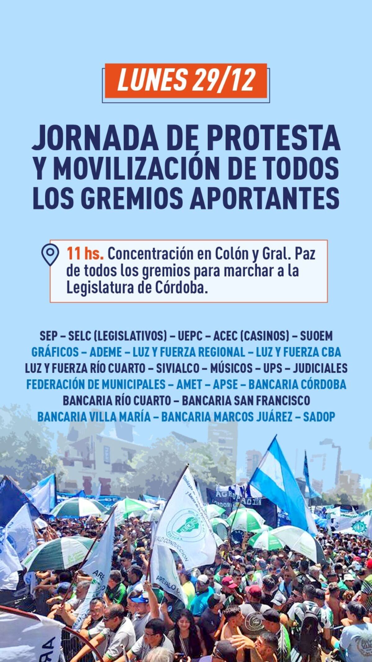 Convocatoria. Este lunes, todos los gremios estatales protestarán en contra de la reforma previsional que impulsó el gobernador Llaryora.