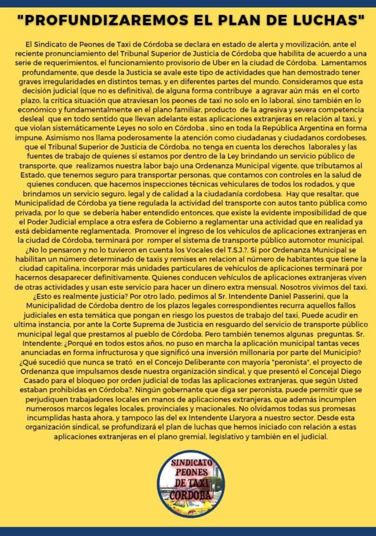 Comunicado del Sindicato de Peones de Taxis contra Uber. (La Voz)