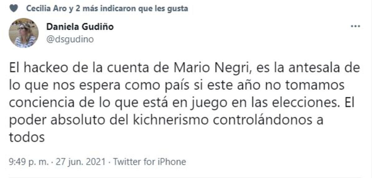 El tuit de Gudiño acusando al kirchnerismo.