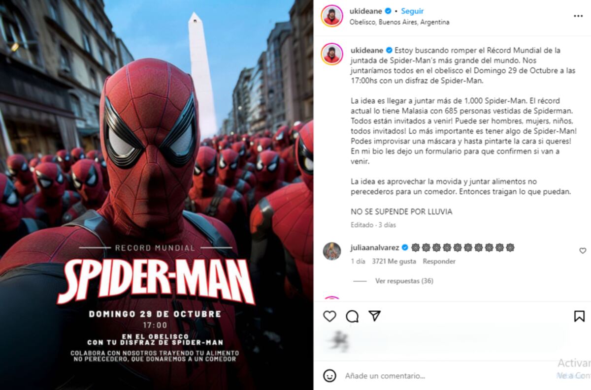 Cientos de personas se congregaron en el Obelisco para intentar romper el récord de la juntada más grande de Spidermans. (Captura)