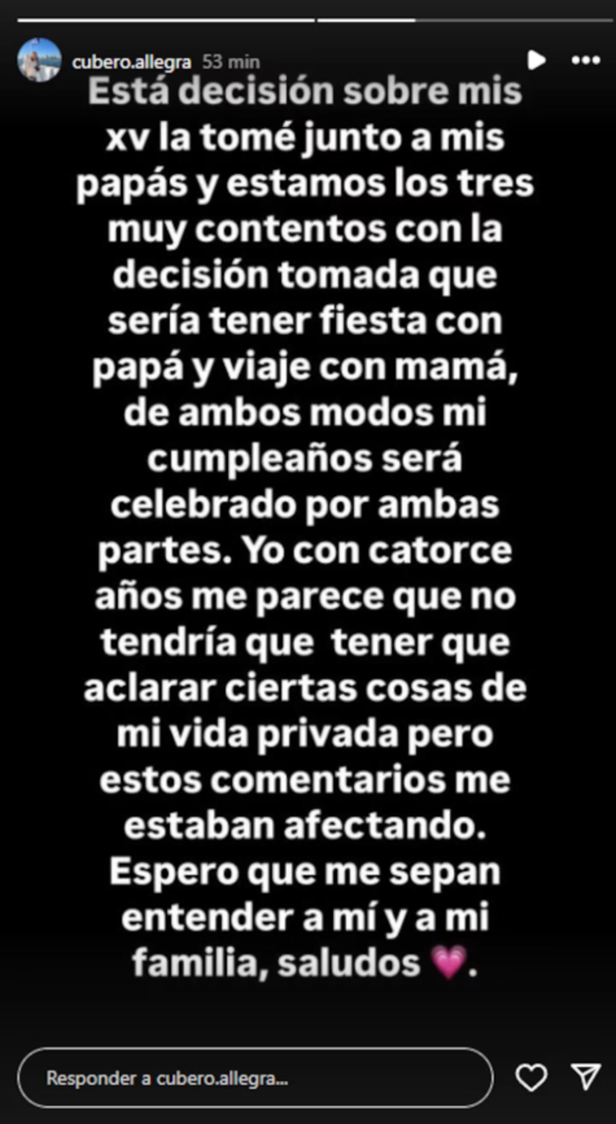 La historia que publicó Allegra Cubero por su cumpleaños de 15. (Captura)