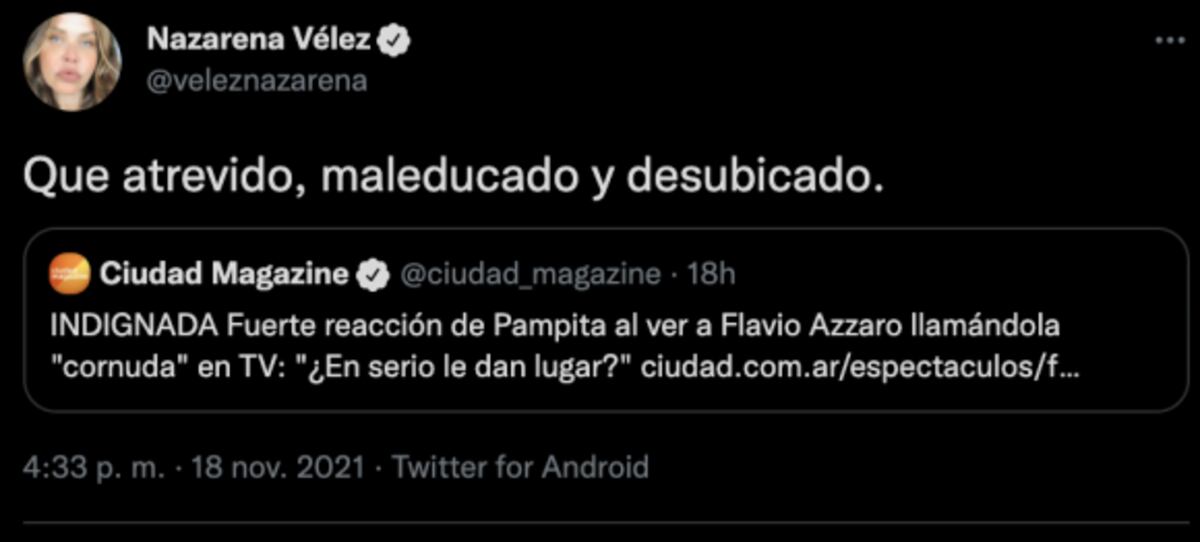 El tuit de Nazarena Vélez contra Flavio Azzaro.