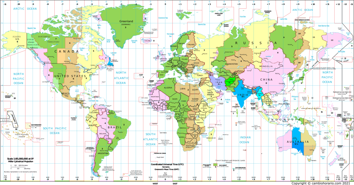 Husos. Muchos países adoptaron un huso horario diferente al natural. Argentina utiliza el -3, a pesar de que geográficamente está en el huso -4.