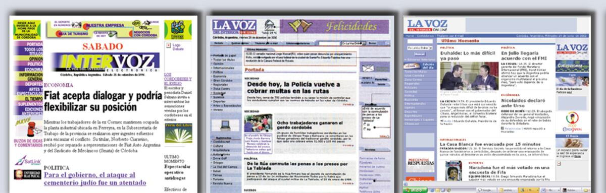 Distintos diseños de LaVoz.com.ar en 1996, 2000 y 2002. (Archivo)