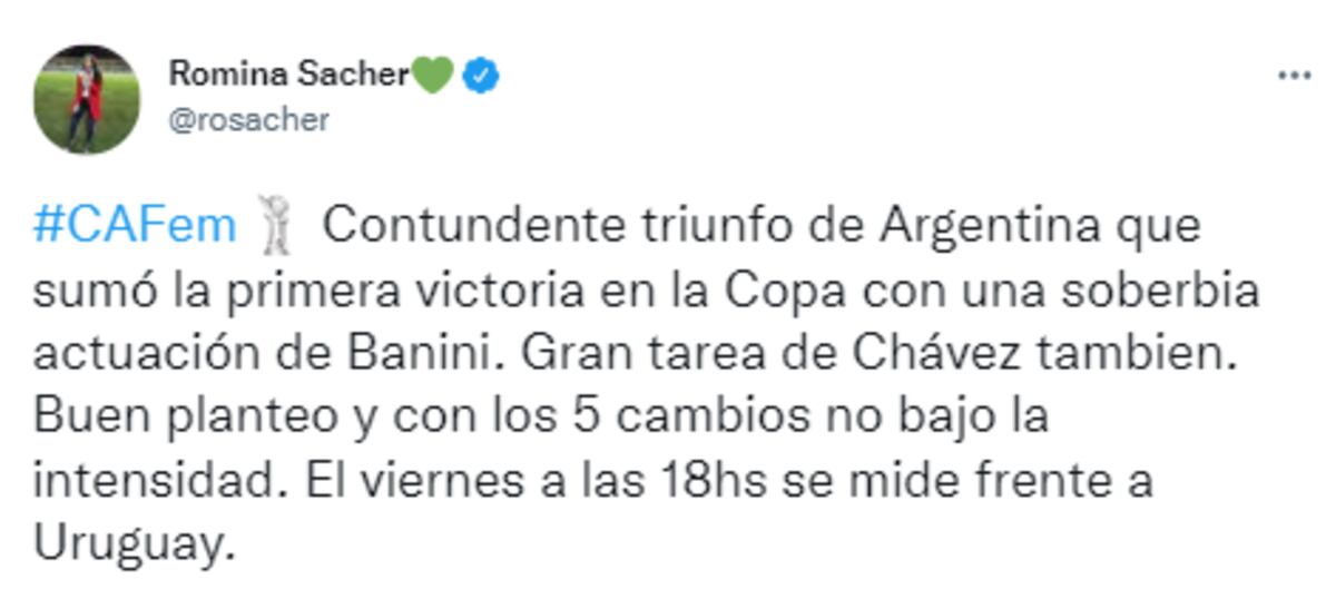 Romina Sacher informa a través de su cuenta de twitter oficial, la contundente victoria de la Selección Argentina.
