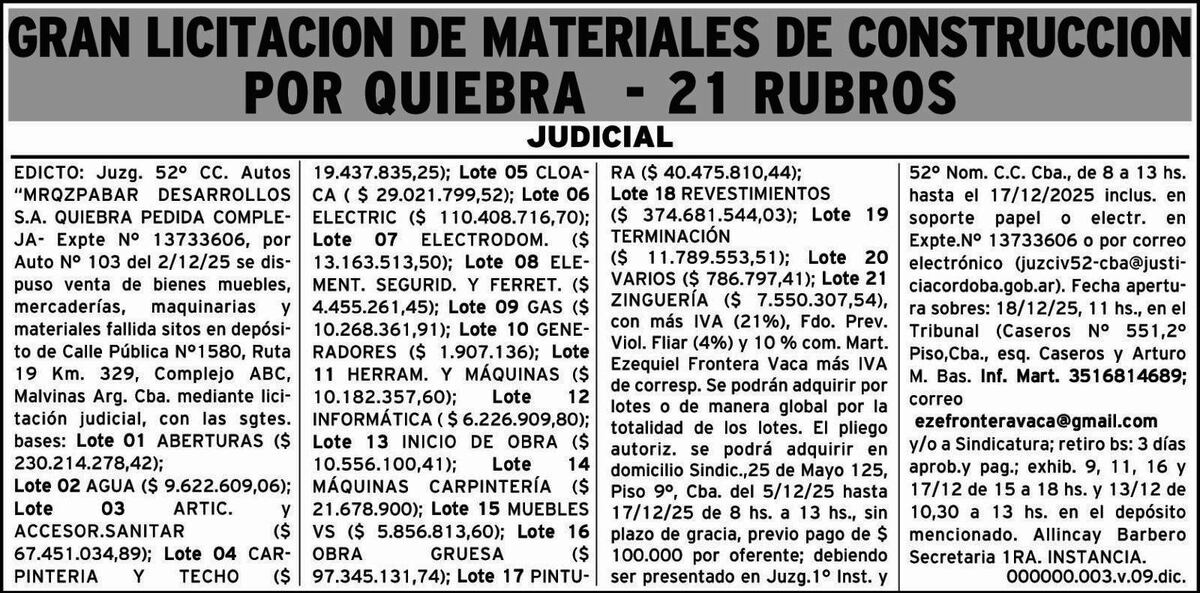 Quiebra de Márquez y Asociados, salen a subasta 21 lotes de materiales de construcción.
