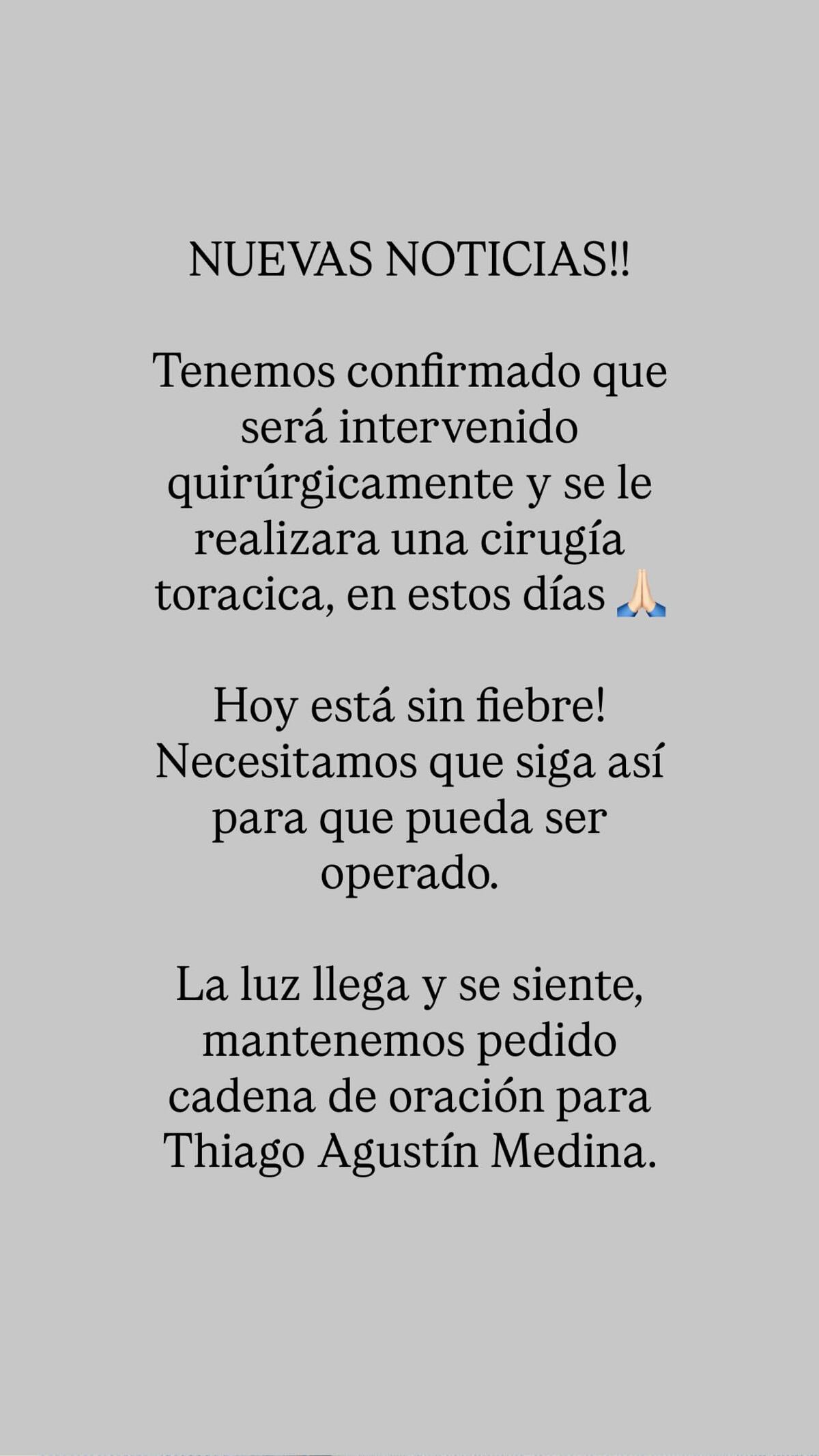 Daniela Celis compartió en sus historias de Instagram las últimas novedades respecto de la salud de Thiago Medina. (Instagram @danielacelis01)