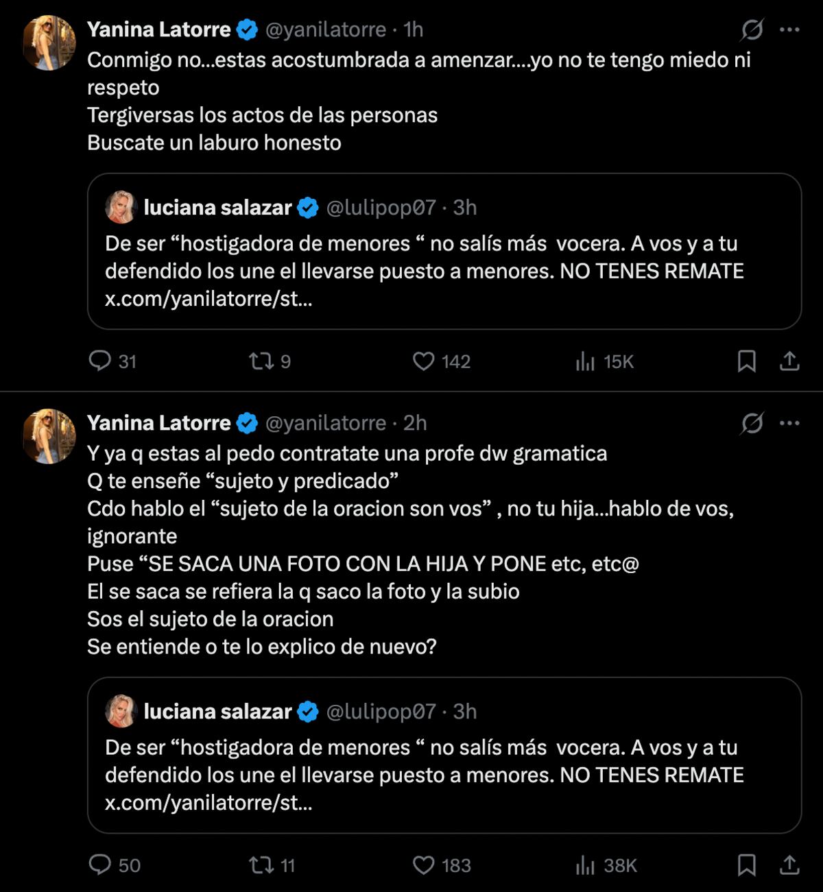 Luciana Salazar y Yanina Latorre tuvieron un áspero cruce en X (antes Twitter). Parte 2. (Foto: Captura de pantalla)