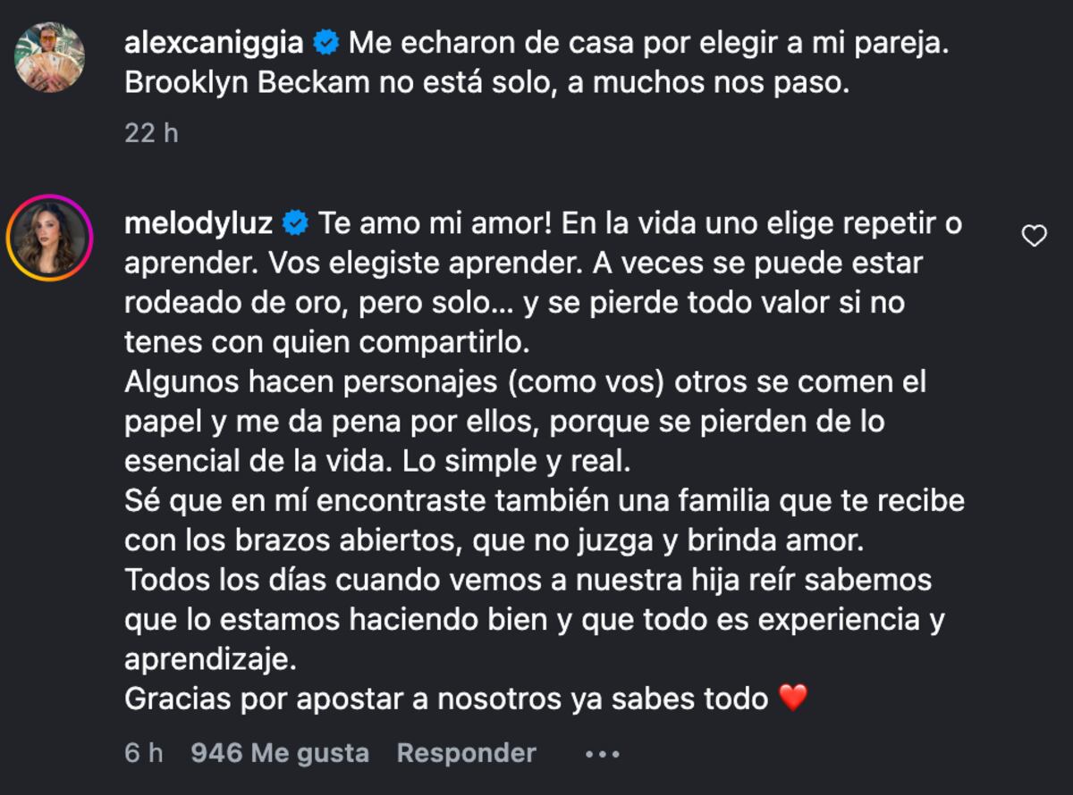 La respuesta de Melody Luz a la publicación de Alex Caniggia. (foto: Captura de pantalla)