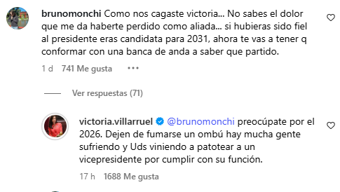 Respuesta de Villarruel a un comentario en una publicación propia de su perfil de Instagram. (Captura)