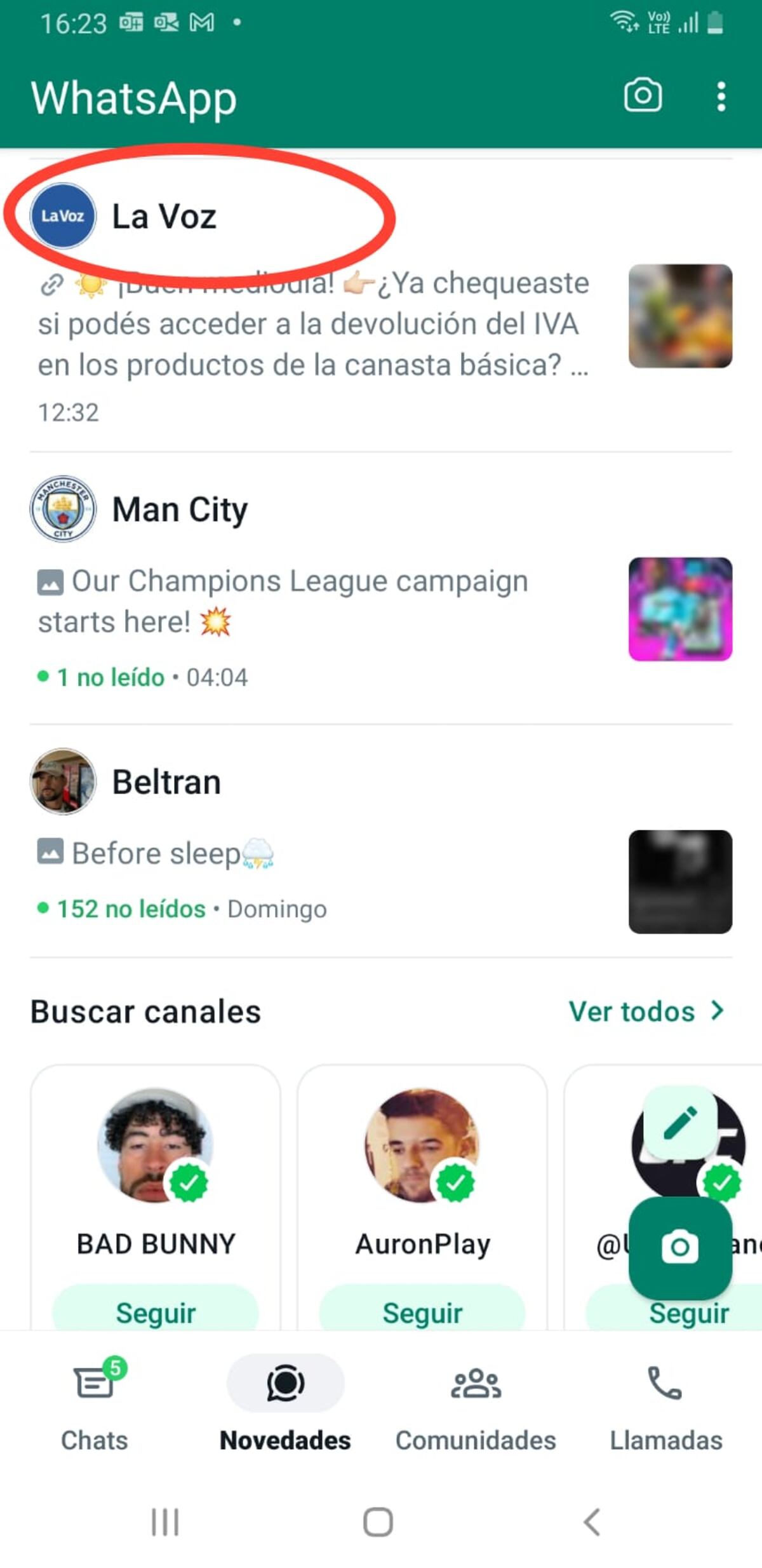 Canales de Whatsapp.