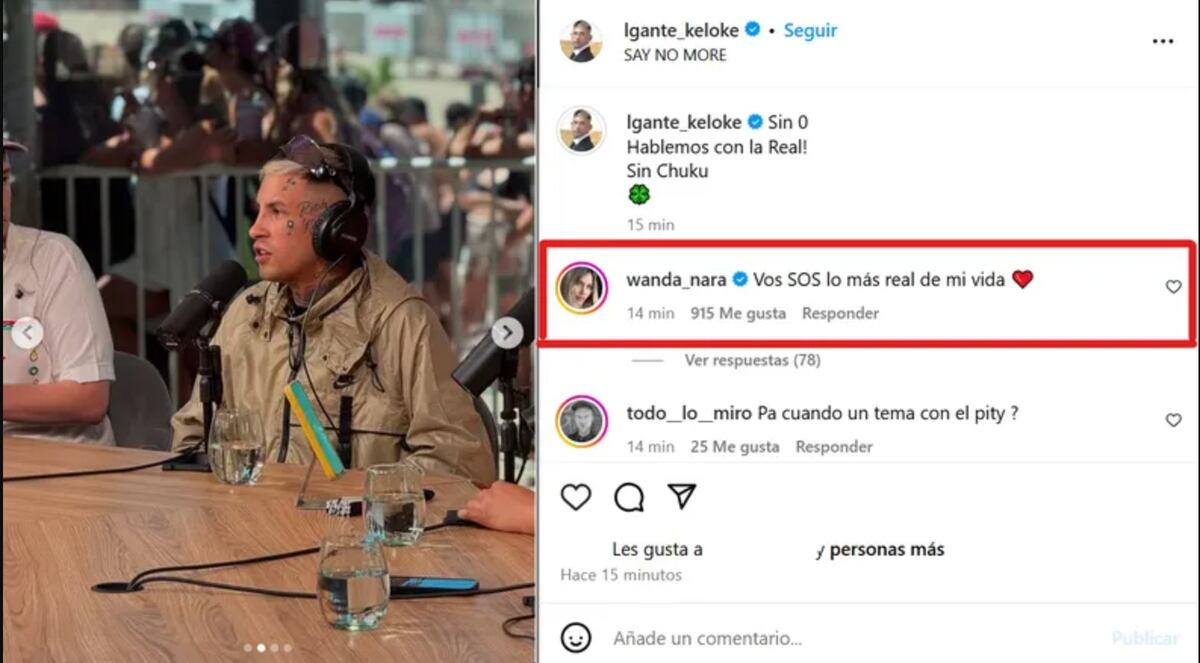 El romántico comentarios de Wanda Nara en la publicación de L-Gante. (Foto: captura de pantalla)