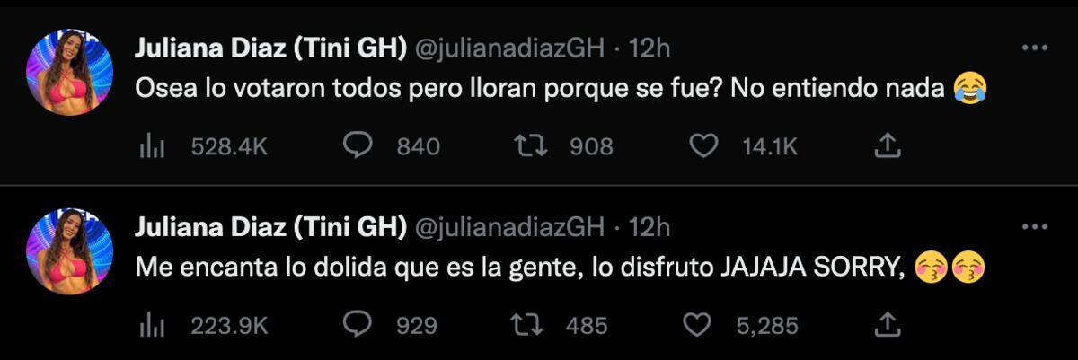 Los tuits de Juliana en reacción a la eliminación de Thiago Medina de la casa de "Gran Hermano".