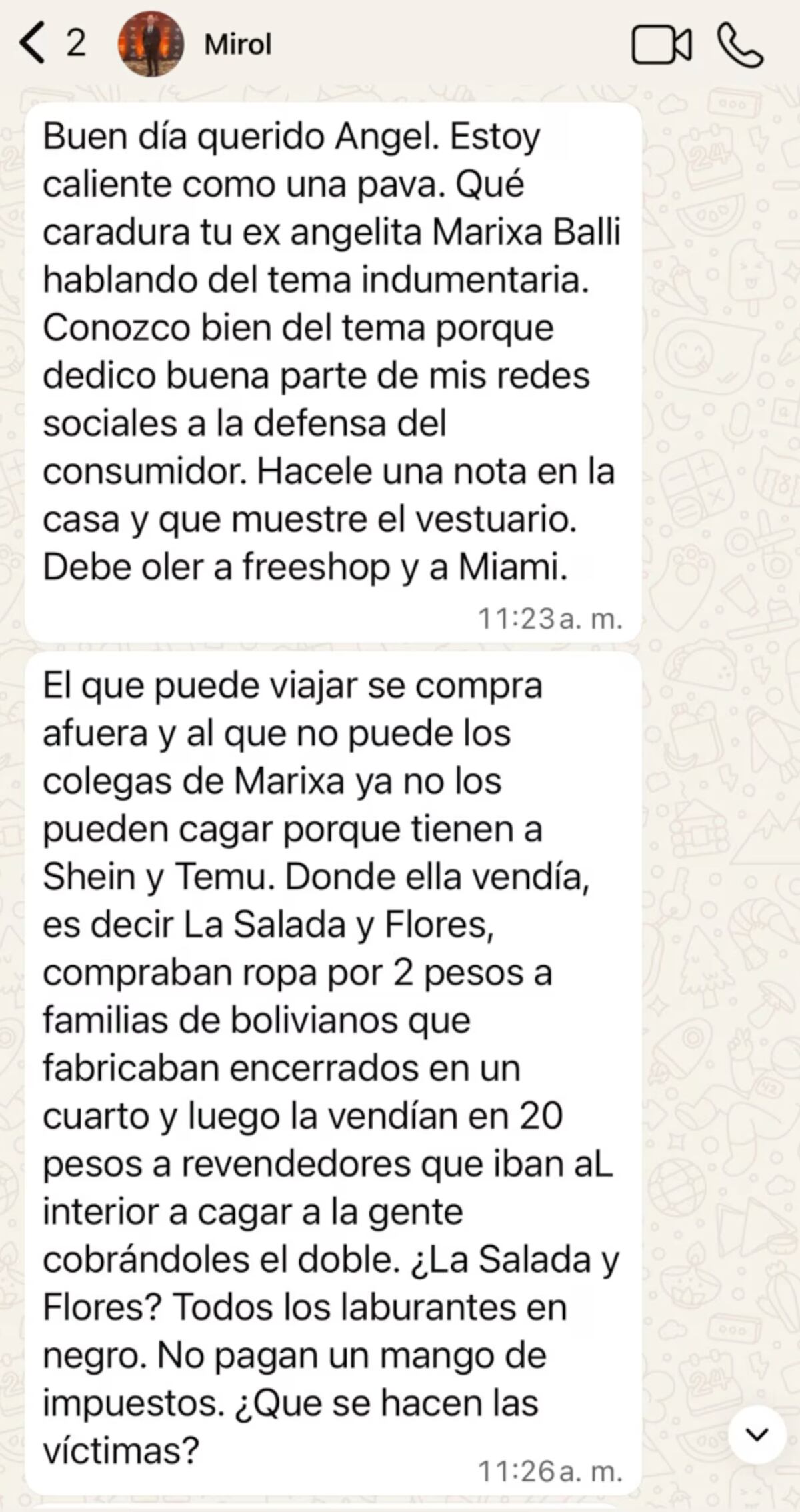 Los mensajes que Esteban Mirol le envió a Ángel de Brito en contra de Marixa Balli. (Fotos: Captura de pantalla)