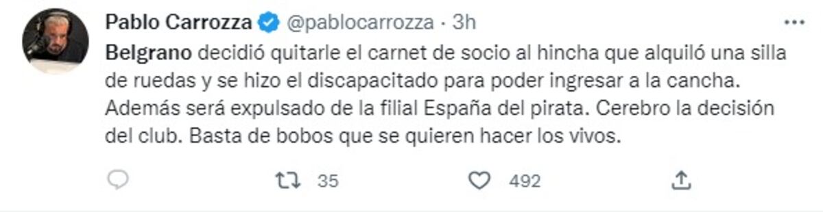 En Belgrano analizan una sanción para el hincha-socio que simuló ser discapacitado en Qatar.