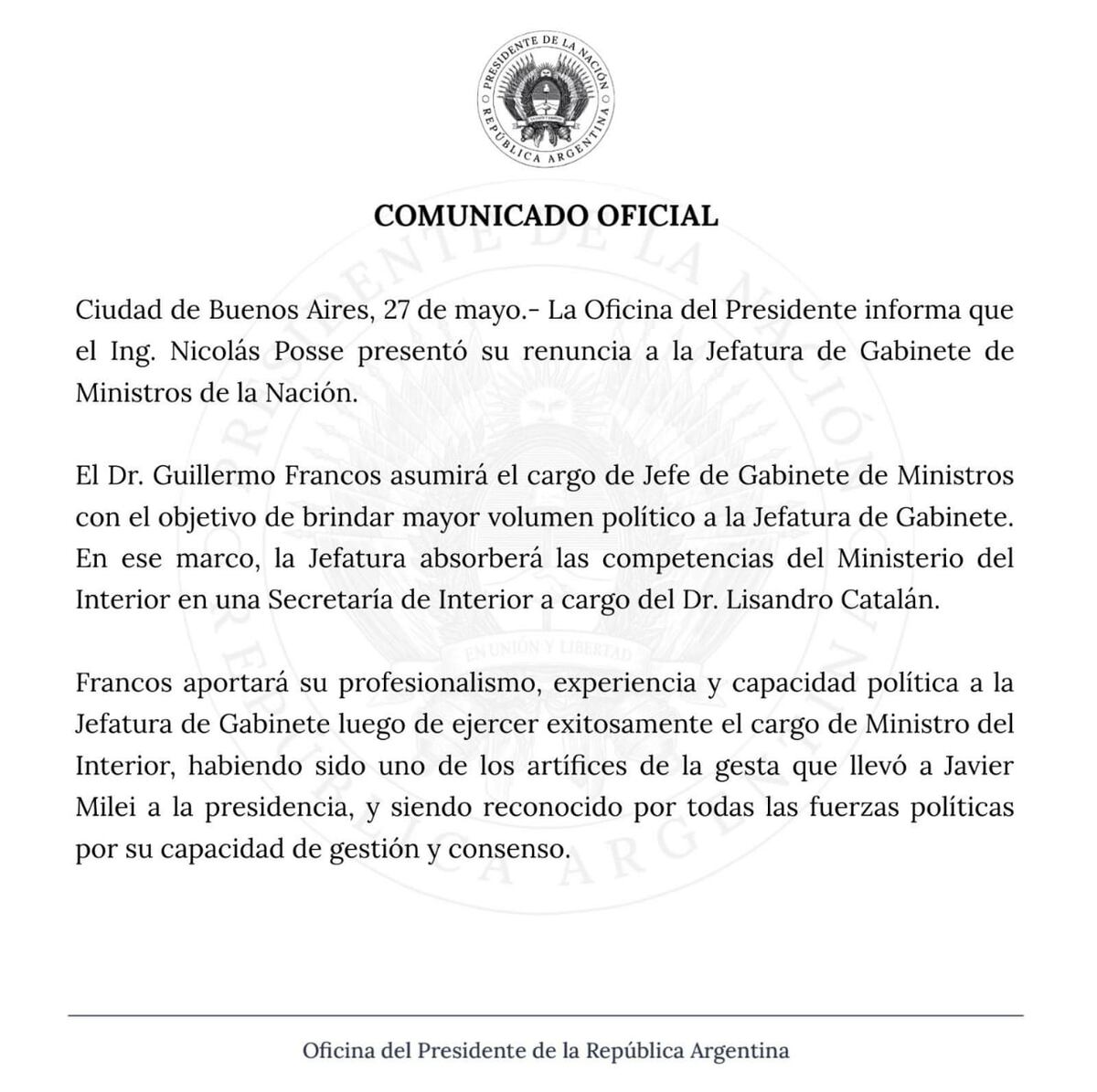 Nicolás Posse dejó de ser el Jefe de Gabinete.