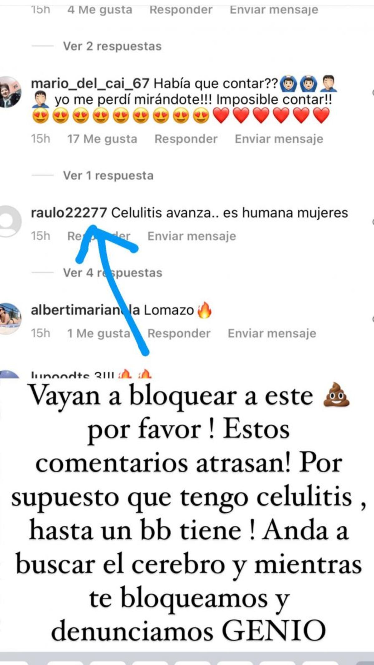 El comentario que recibió Cinthia y su respuesta en historias.
