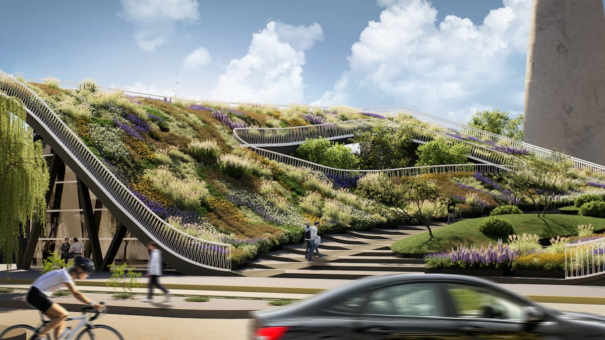 Las pendientes del techo, ahora recubiertas de vegetación, parten desde Poeta Lugones y ascienden hasta el nivel del Faro del Bicentenario, integrándose al Parque Sarmiento (Render Gobierno de Córdoba)