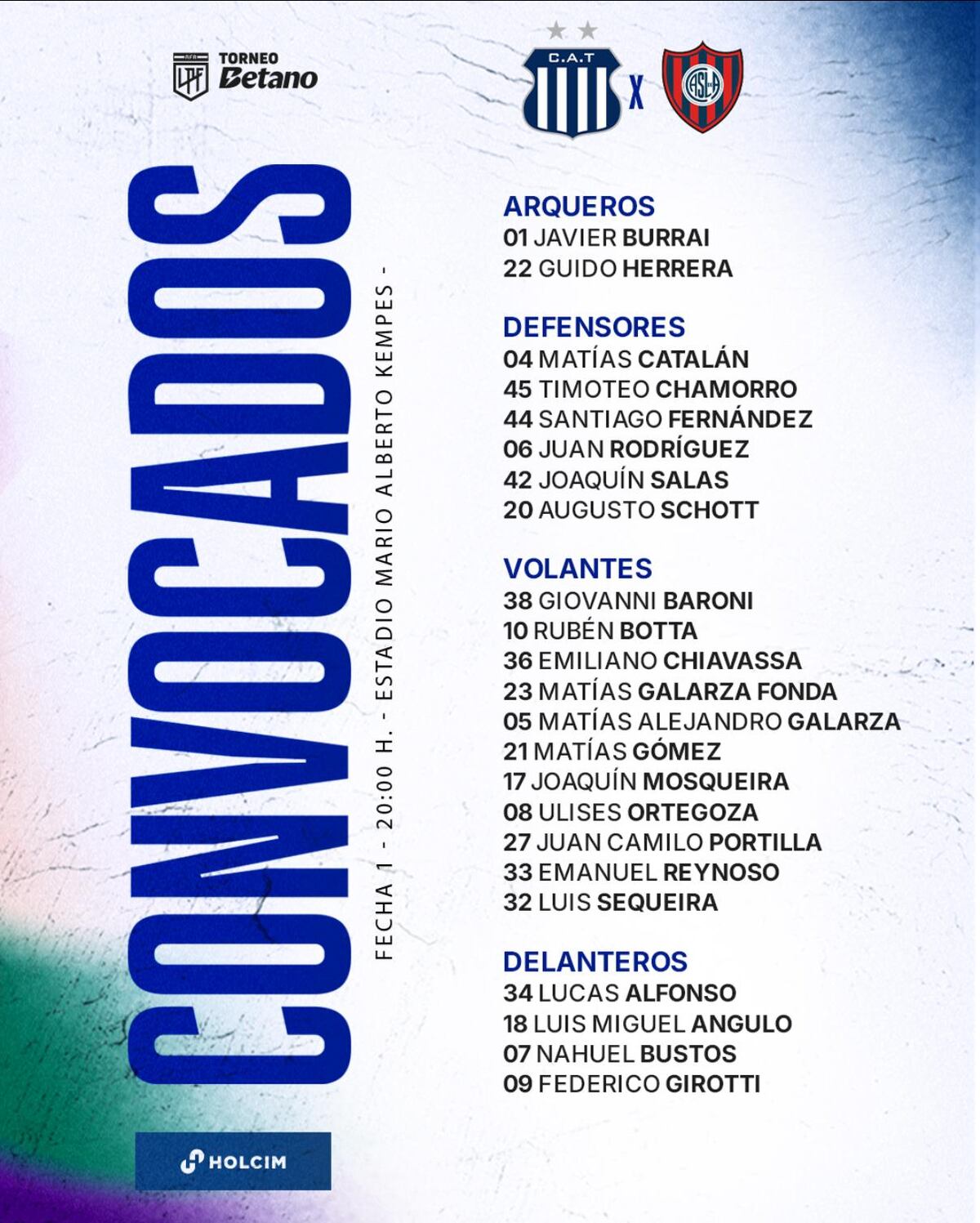 La primera nómina de convocados por Carlos Tevez para enfrentar a San Lorenzo (Prensa Talleres).