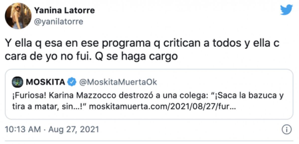 Los tuits de Yanina Latorre para Karina Mazzocco