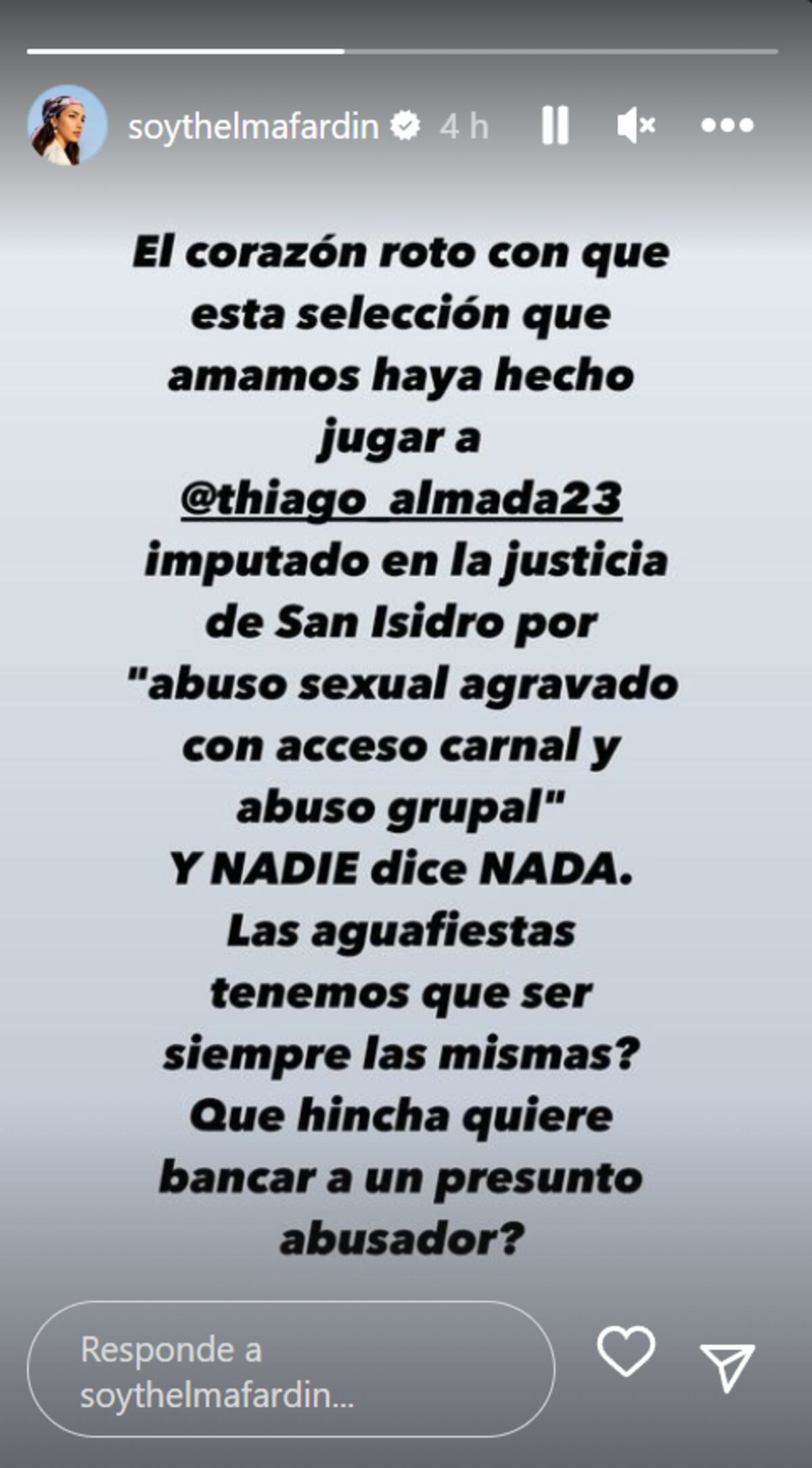 Thelma señaló a la Selección por Thiago Almada. (Instagram)