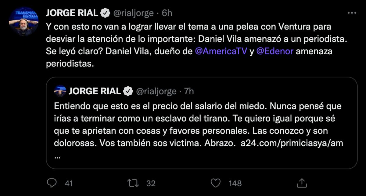 Rial señala que lo importante no es lo que él diga de Ventura, sino la amenaza que recibió.