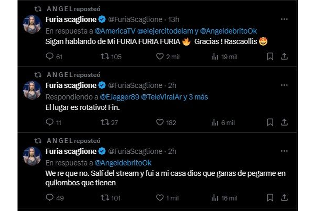 Los tuits de Furia, enojada con las versiones que aseguran que se fue del debate para no cruzarse con Catalina Gorostidi. (Foto: captura de pantalla)