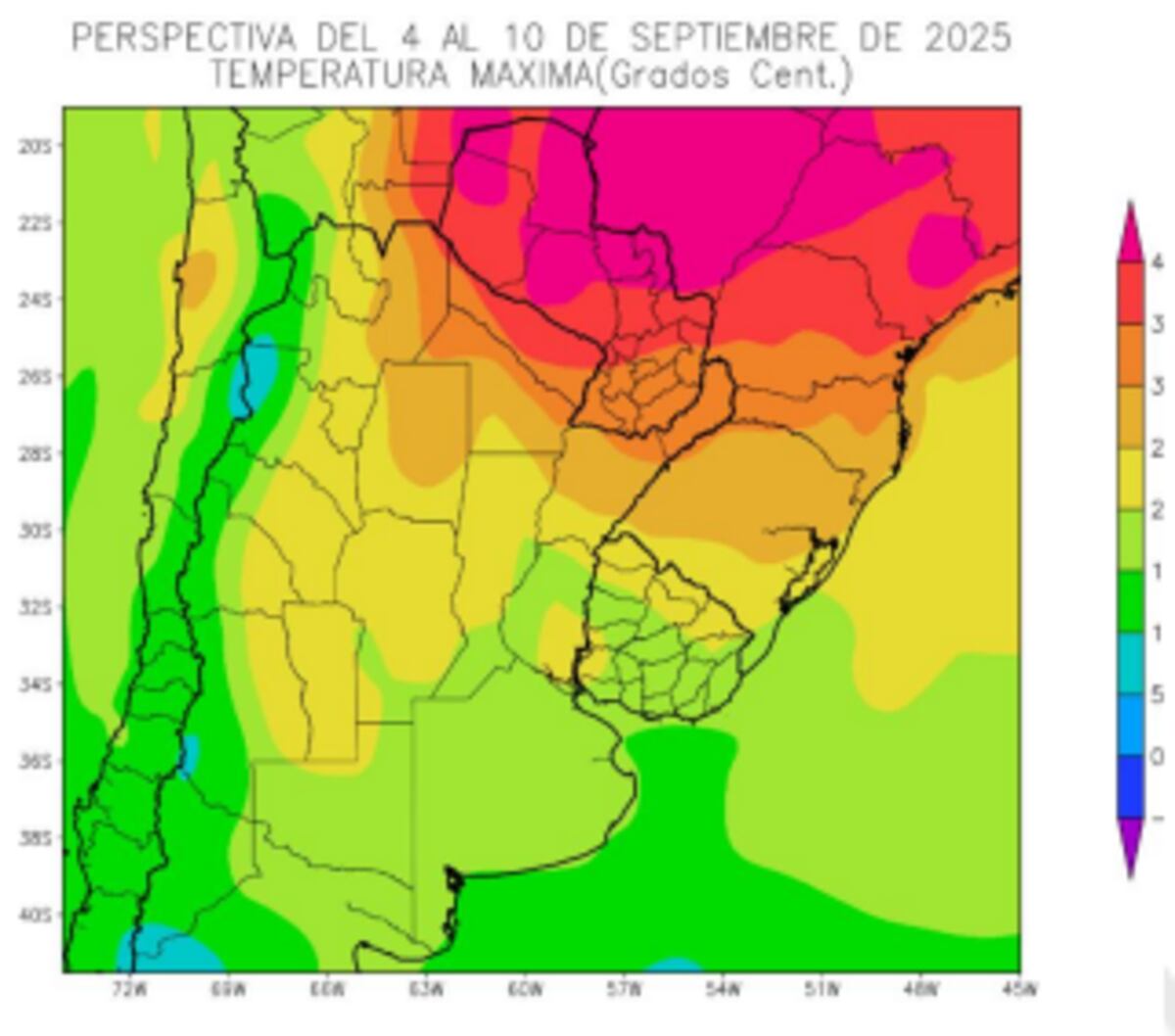 Temperaturas máximas. Perspectiva climática del 4 al 10 de septiembre. (Gentileza Bolsa de Cereales)