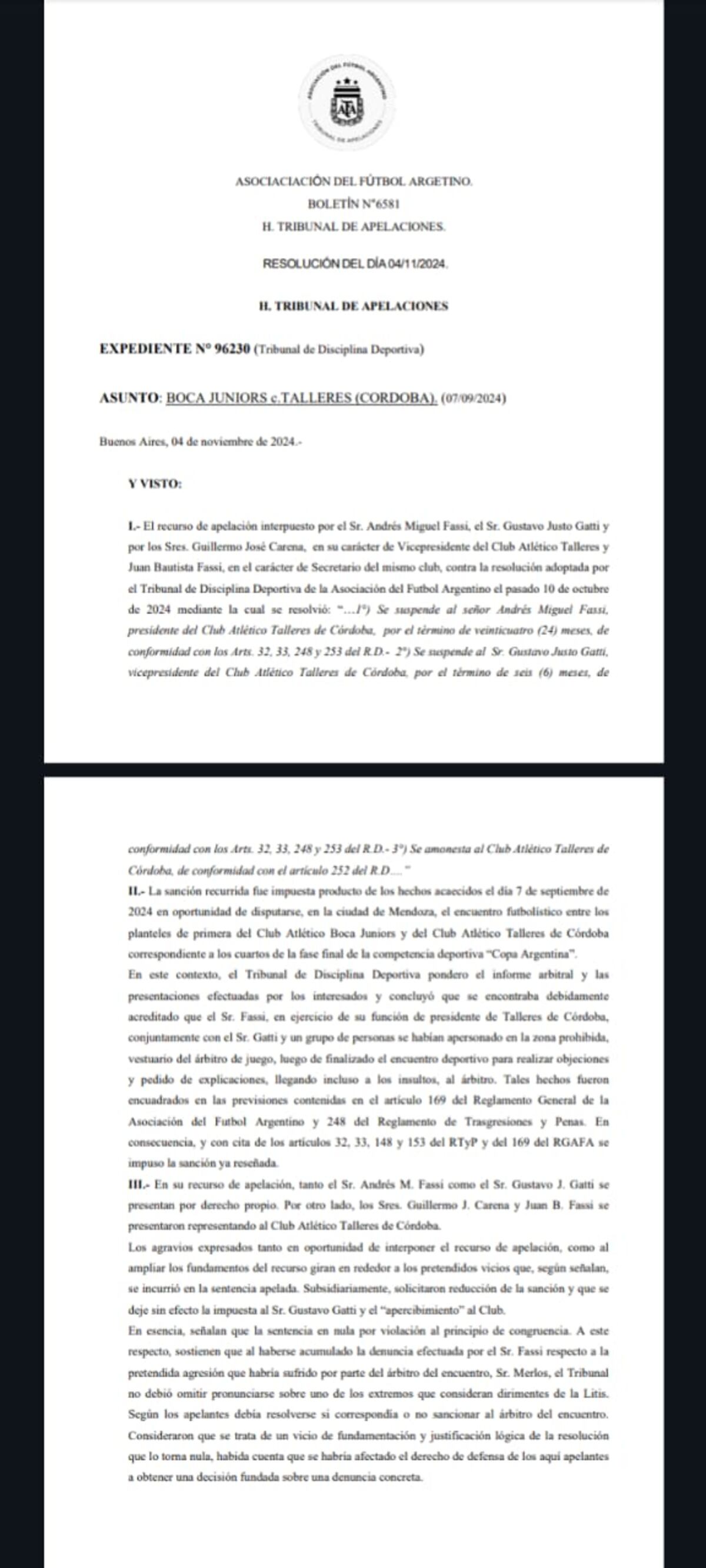 Considerandos de la resolución del Tribunal de Alzada contra la apelación de Talleres.