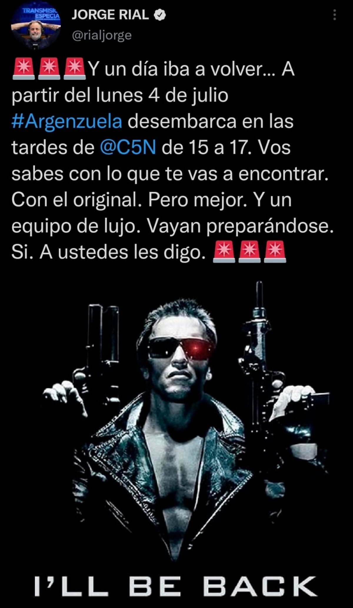 Jorge Rial confirmó su nuevo programa en C5N (Captura de pantalla)