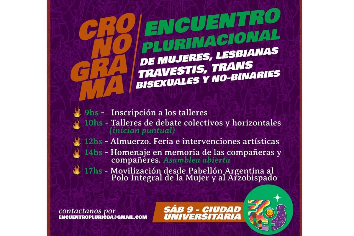 ENCUENTRO REGIONAL EN CÓRDOBA. El cronograma de actividades de este sábado en la ciudad de Córdoba en el marco del Encuentro Plurinacional de Mujeres, lesbianas, travestis, trans y no binaries.