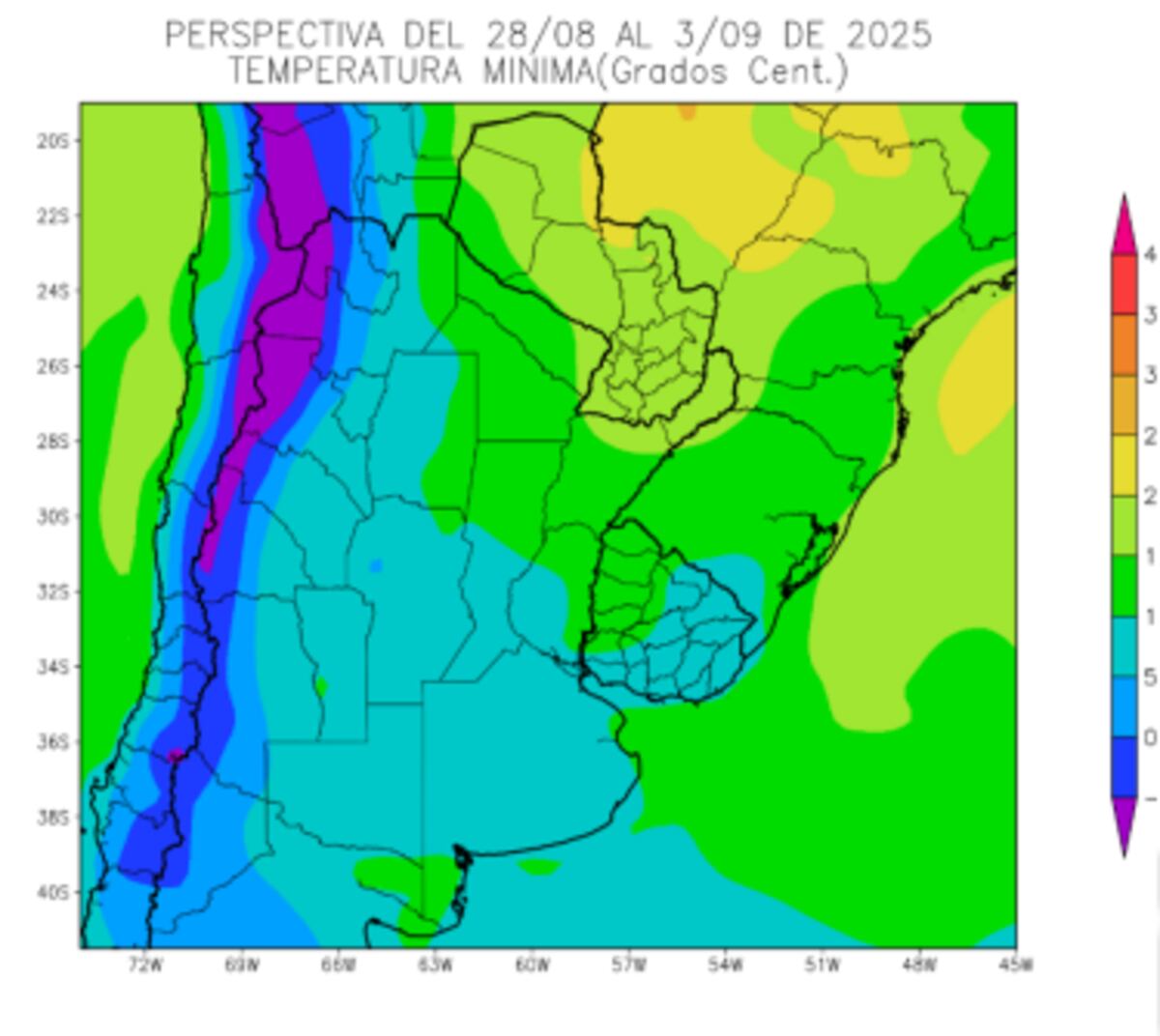 CLIMA. Perspectiva Climática del 28 al 3 de septiembre, temperatura mínima. (Gentileza Bolsa de Cereales)