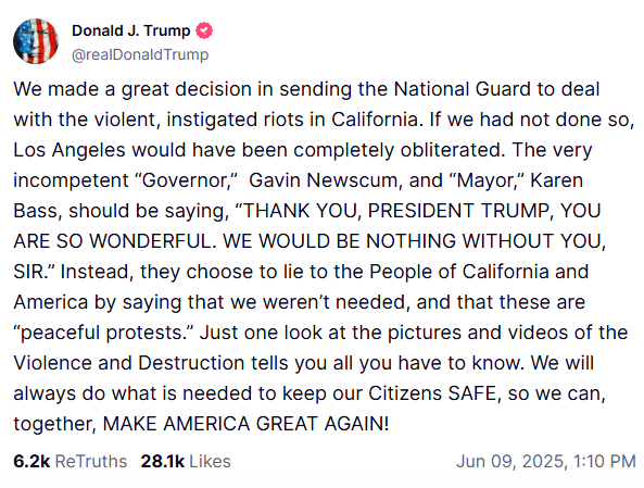 Posteo de Donald Trump en la red Truth Social