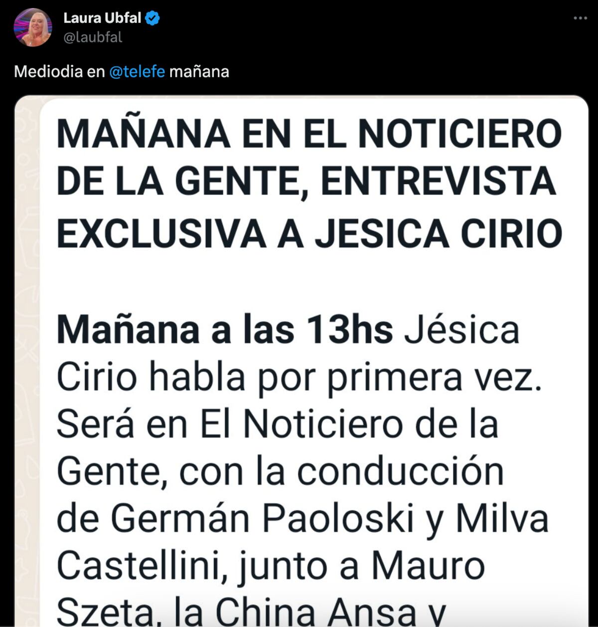 Laura Ubfal compartió que Jésica Cirio brindará una entrevista exclusiva a "El noticiero de la gente" en Telefe. (Foto: Captura de pantalla)